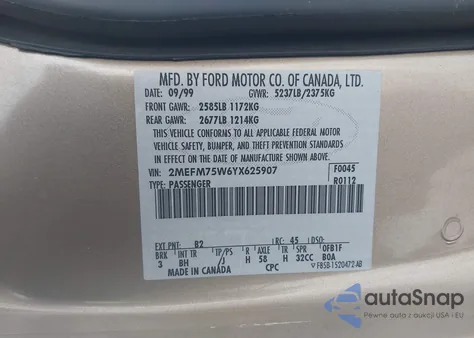 2000 Mercury Grand Marquis Ls z USA, uszkodzony, nr VIN 2MEFM75W6YX625907